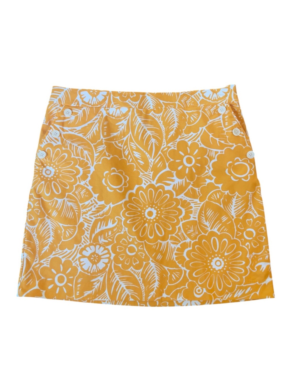 Talbots Yellow Floral Mini Skirt Size 16 Side Buttons Pockets Retro